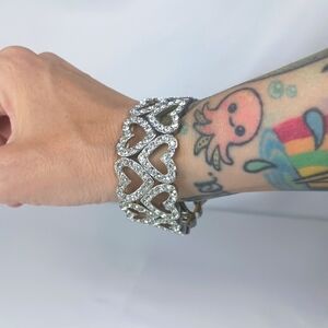 Chunky Silver Rhinestone Heart Bracelet.
